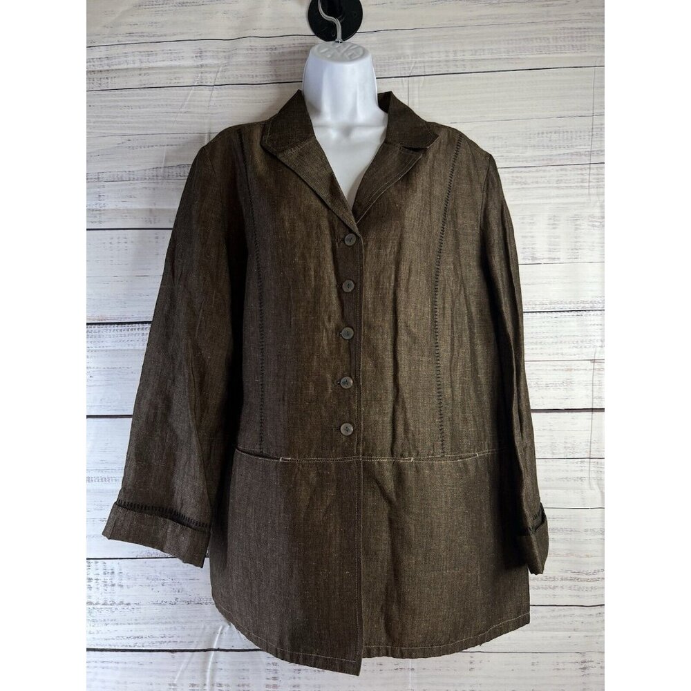 J Jill Women’s Linen Blend Blazer Size L Lagen Boho Stitched Pockets Academia